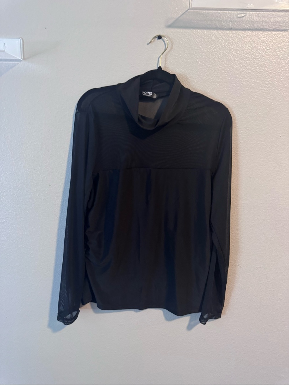 YOINS Black Sheer Panel Mock Neck Top